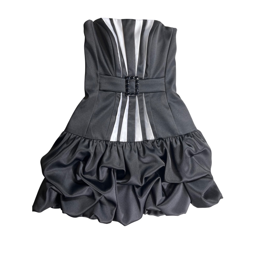 Jessica McClintock Gunne Sax Dress Womens 5 Black Satin Bubble Hem Strapless Min